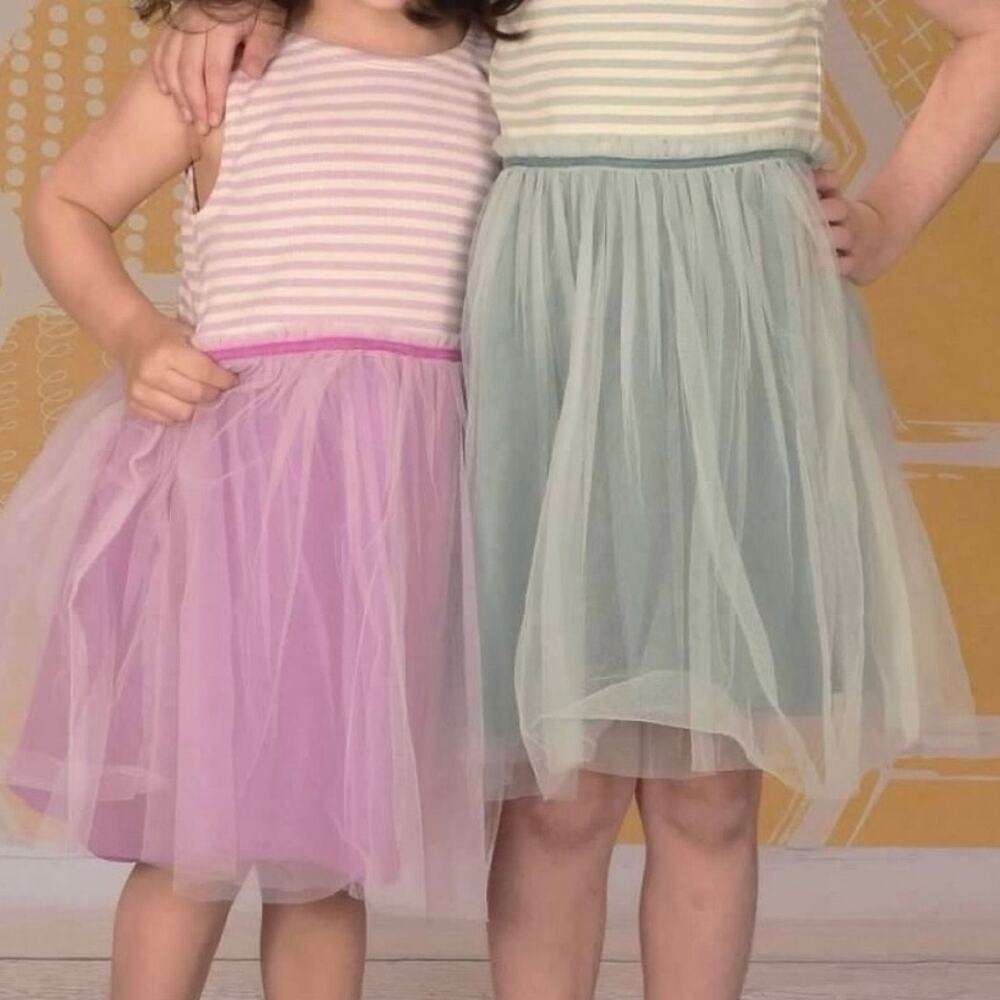 Mini Boden Jersey Tulle Mix Dress Party Twirl Trip Tropical Rain Green 4-5 Years - Picture 2 of 14